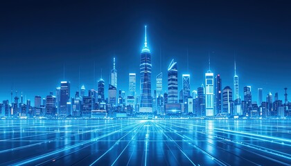 Poster - futuristic city skyline with glowing digital lines in a blue background. futuristic skyline design, 