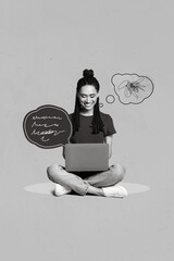 Leinwandbilder - Vertical collage picture of positive black white effect girl use netbook chatting communicate isolated on purple background