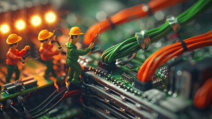 Aufkleber - Miniature workers repairing a circuit board with colorful wires and lights.