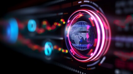 Poster - A high-tech AR interface displaying global trade symbols, online payment security, and business networking connections in a digital workspace.