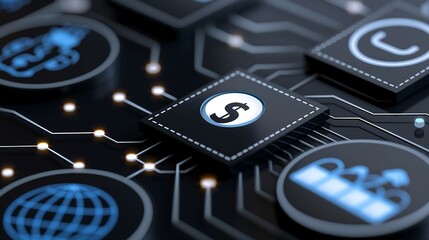 Poster - A high-tech AR interface displaying global trade symbols, online payment security, and business networking connections in a digital workspace.