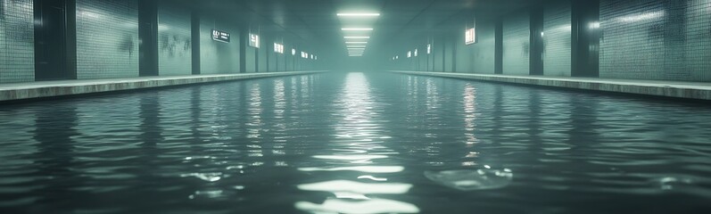 Aufkleber - A serene underground passage with reflective water, illuminated by soft light, creating an atmospheric and tranquil ambiance.