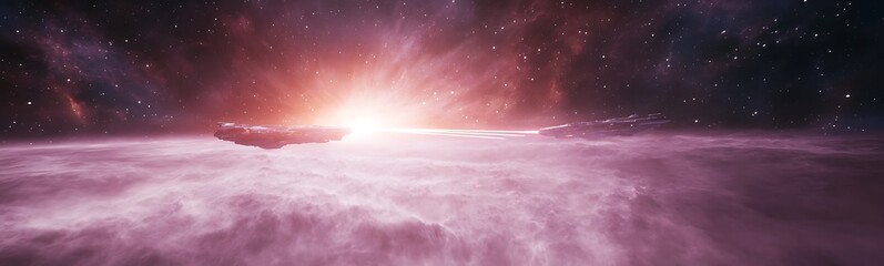 Aufkleber - A vivid cosmic scene showcasing a glowing celestial body emerging from a cosmic cloud in the depths of space.