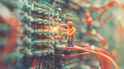 Poster - A miniature figure working on a circuit board, highlighting technology and industry.