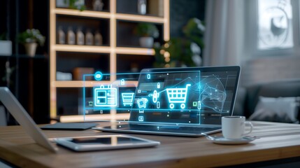Poster - Augmented reality holograms projecting online store icons, shopping carts, and e-commerce transaction data above a sleek modern desk.