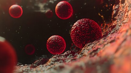 Poster - Microscopic cluster of vibrant red pathogenic cells or viruses causing a contagious disease outbreak or pandemic
