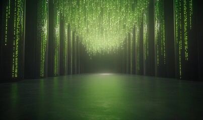 Fototapete - A mystical forest illuminated by cascading green lights, creating an ethereal and tranquil atmosphere.