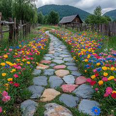 Wall Mural - Stone path through vibrant wildflower meadow in rural mountain village landscape