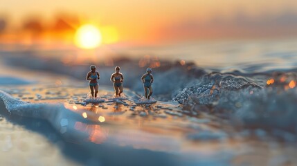 Poster - Miniature figures running along a beach at sunset, creating a whimsical scene.