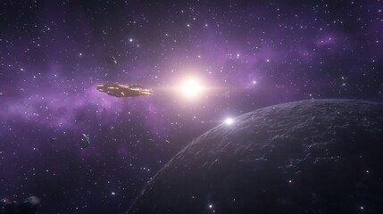 Aufkleber - A futuristic spaceship travels through a vibrant purple galaxy, illuminated by a distant sun, with a planet nearby, showcasing the beauty of space exploration.
