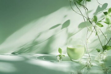Aufkleber - Refreshing green drink with delicate flowers and soft shadows in a serene setting
