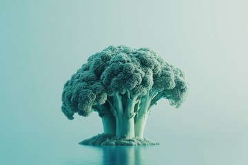 Poster - Unique broccoli shaped tree grows on small island surrounded by calm water under soft light conditions