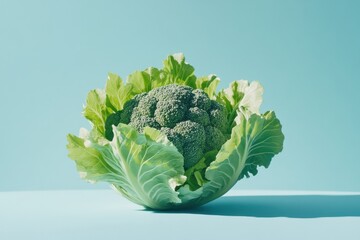 Poster - Broccoli nestled in fresh green leaves against a bright blue background
