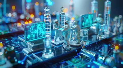 Poster - Miniature scientists working in a futuristic lab setting with glowing technology.
