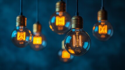 Poster - Hanging light bulbs radiate a warm, inviting glow against a soothing blue background. Their vintage design creates a cozy atmosphere, perfect for artistic inspiration or relaxation