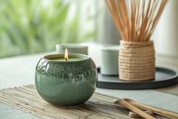 Poster - Elegant green candle with a warm flame on a calm table setting with decorative items in a peaceful indoor space