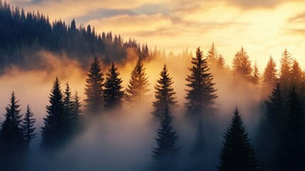 Wall Mural - Misty forest at sunrise with vibrant sky