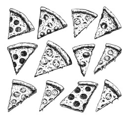 Wall Mural - Different Pizza Slices Icons Set Black and White Linocut Print Style Pizza Slices Handcrafted Illustrations Pizza Toppings Cheese and Vegetables Print Design Crispy Crust