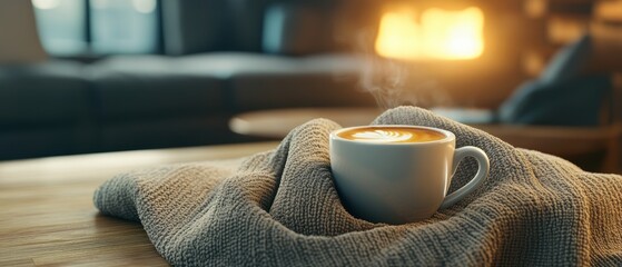 Wall Mural - Warm coffee scene with soft lighting cozy blanket wood details natural materials