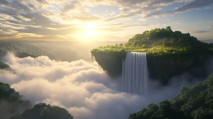Poster - A stunning landscape featuring a waterfall cascading from a lush, green plateau surrounded by mist and illuminated by a golden sunrise.