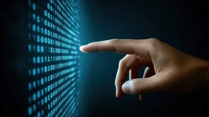 Artificial intelligence and machine learning, technology. Fingers interacting with a digital binary code display.