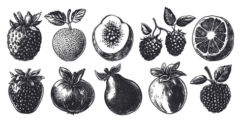Wall Mural - Fruits And Berries Set Black And White Block Prints Linocut Print Style Icons Set Vintage Engraved Illustration Hand Carved Effect Retro Botanical Collection