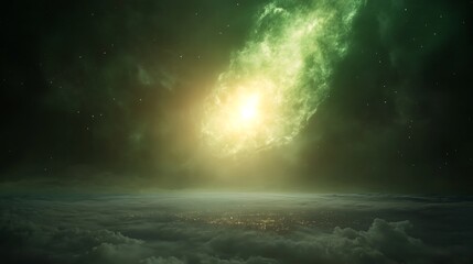 Aufkleber - A swirling green cosmic scene with a bright light emanating from the center, surrounded by dark clouds, evoking a mystical and otherworldly atmosphere.