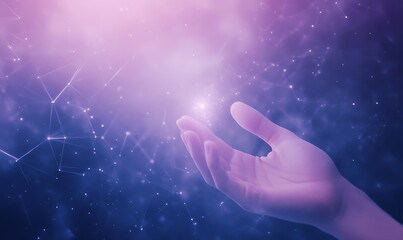 Aufkleber - A glowing hand reaches out into a cosmic space filled with stars and light, symbolizing connection and the universe's mystery.