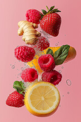 Poster - Fresh fruit slices and whole fruits submerged in sparkling water with bubbles