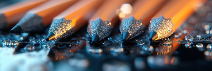 Wall Mural - Sharpened Pencils with Water Droplets on Dark Surface