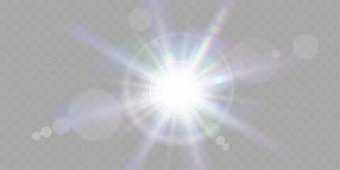 Wall Mural - bright white light explosion with lens flare, rainbow reflections, and sparkles on transparent backg