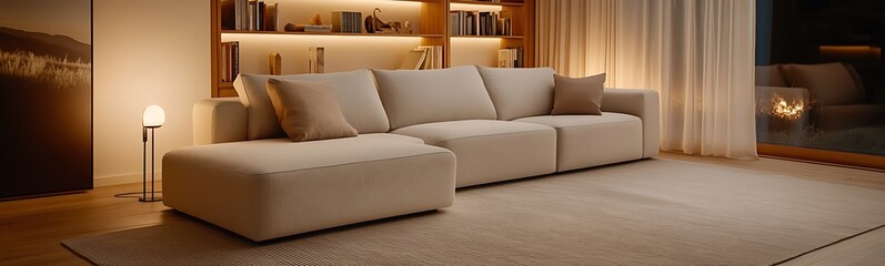 Poster - A cozy living room featuring a modern white sofa, warm lighting, wooden shelves, and a soft rug, creating a welcoming atmosphere.