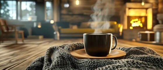 Wall Mural - Coffee on blanket in rustic warm room with wood accents soft lighting