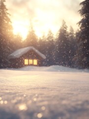 Poster - A cozy cabin nestled in a snowy landscape, illuminated by warm sunlight, surrounded by tall evergreen trees.