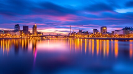 Wall Mural - serene twilight over a city skyline reflecting in a calm river, with vibrant color and light