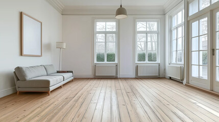 Poster - Modern minimalist living room interior with sofa and empty frame
