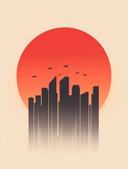 Aufkleber - A stylized sunset silhouette of skyscrapers against a vibrant red sun, evoking a futuristic or urban theme.
