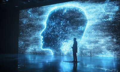 Aufkleber - Man observing a large digital head projection.