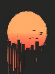 Aufkleber - A silhouette of a cityscape against a vibrant sunset, featuring abstract flying objects that enhance the surreal atmosphere.
