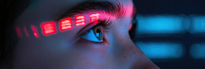 Poster - Close-up of Eye with Projected Red Rectangles and Blue Background