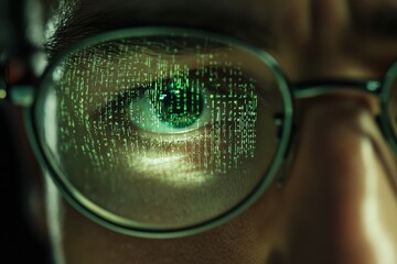 Poster - Developer works in a dark room, focusing on code with green data reflected in glasses
