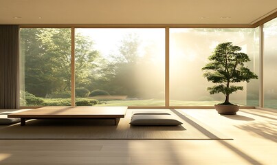 Poster - A serene, minimalist room with large windows showcasing a lush outdoor view, featuring a bonsai tree and simple wooden furnishings.