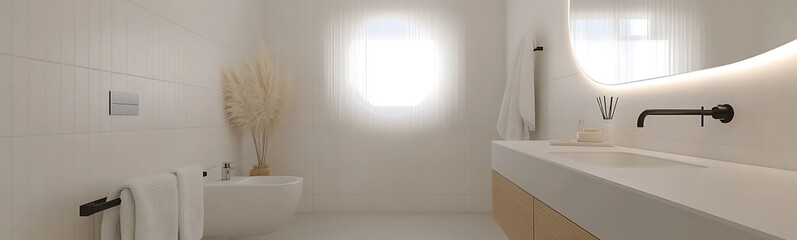 Fototapete - A serene, modern bathroom featuring minimalist design, a large mirror, and natural light streaming through a window.