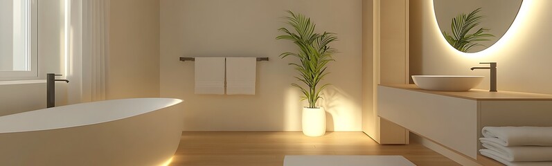 Aufkleber - A modern, minimalistic bathroom featuring a freestanding tub, elegant lighting, wooden accents, and a plant for a touch of nature.