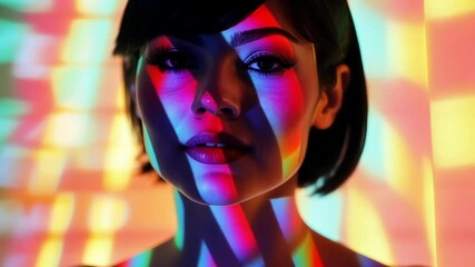 Poster - Colorful lights are projected on a young woman's face, creating an artistic and evocative portrait in a dark environment, enhancing her beauty and expression