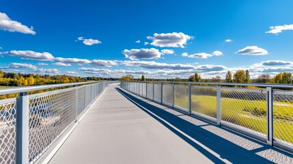 Wall Mural - Scenic view of a pedestrian bridge under a bright blue sky with fluffy cloud and lush greenery