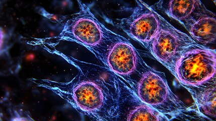 Poster - Colorful Abstract Representation of Cellular Structures Under Microscope