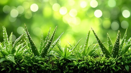 Wall Mural - Dewy Aloe Vera Plants, Green Background, Nature, Wellness