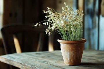 Aufkleber - Simple pot of dried grass sits on a rustic wooden table in a cozy indoor setting