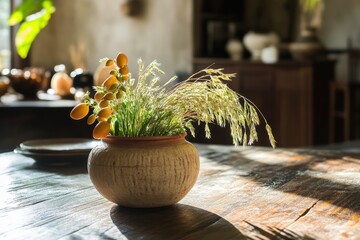 Aufkleber - Beautifully arranged dried flowers and vibrant berries in a rustic ceramic pot on a sunlit wooden table